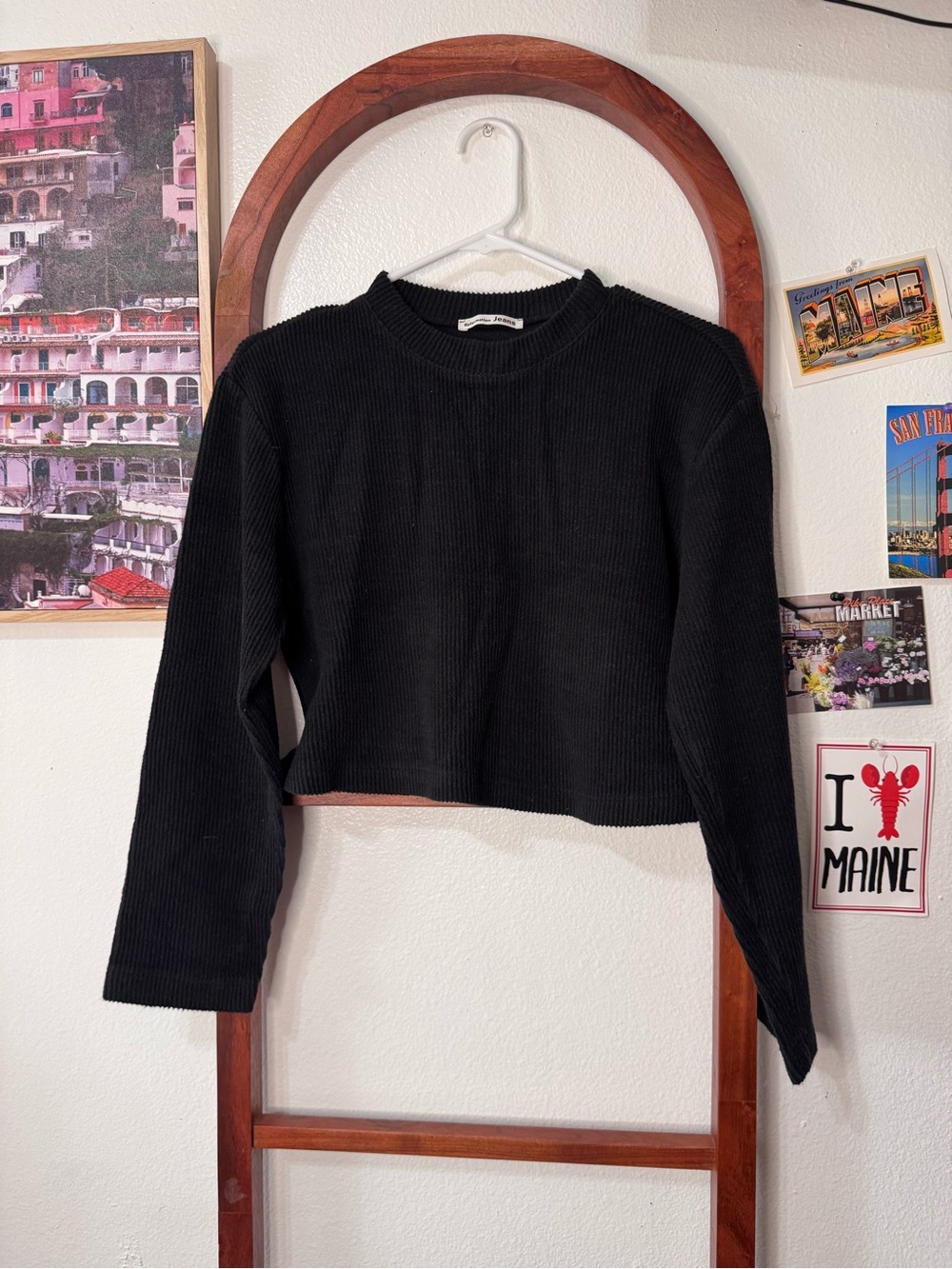 Reformation Black Ribbed Crop Long Sleeve Mock Neck Top